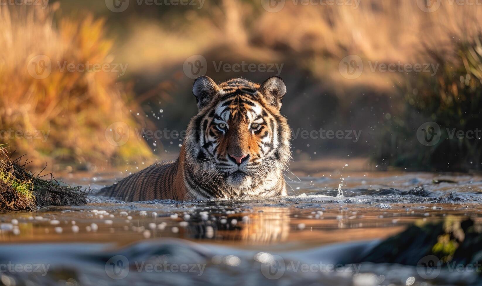 een amur tijger het baden in een Ondiep stroom foto