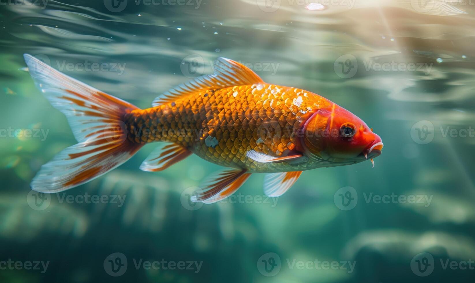 detailopname van een koi vis glijden door de Doorzichtig wateren van een vijver foto