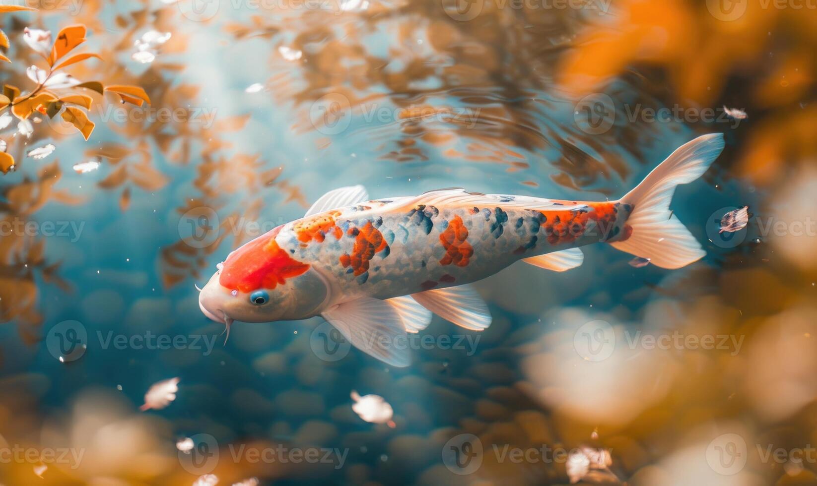 detailopname van een koi vis glijden door de Doorzichtig wateren van een vijver foto