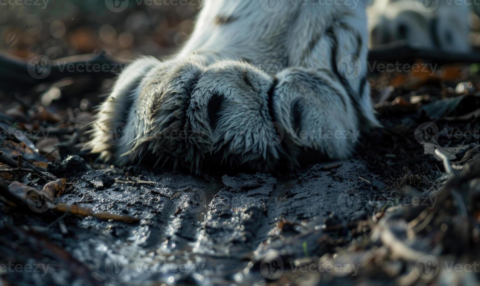 detailopname van een wit tijger poot weggaan prints in de zacht aarde foto