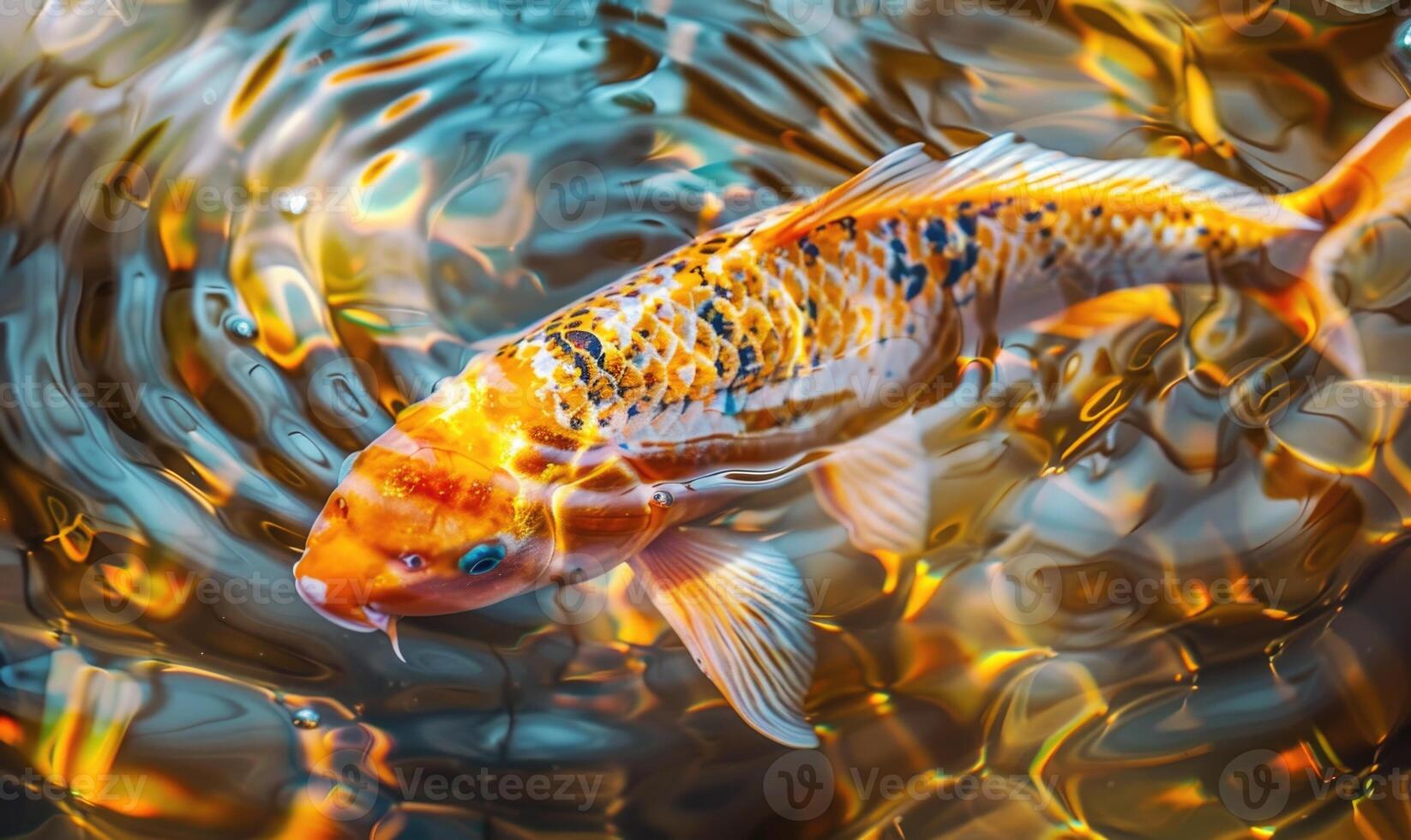 detailopname van een koi vis glijden door de Doorzichtig wateren van een vijver foto