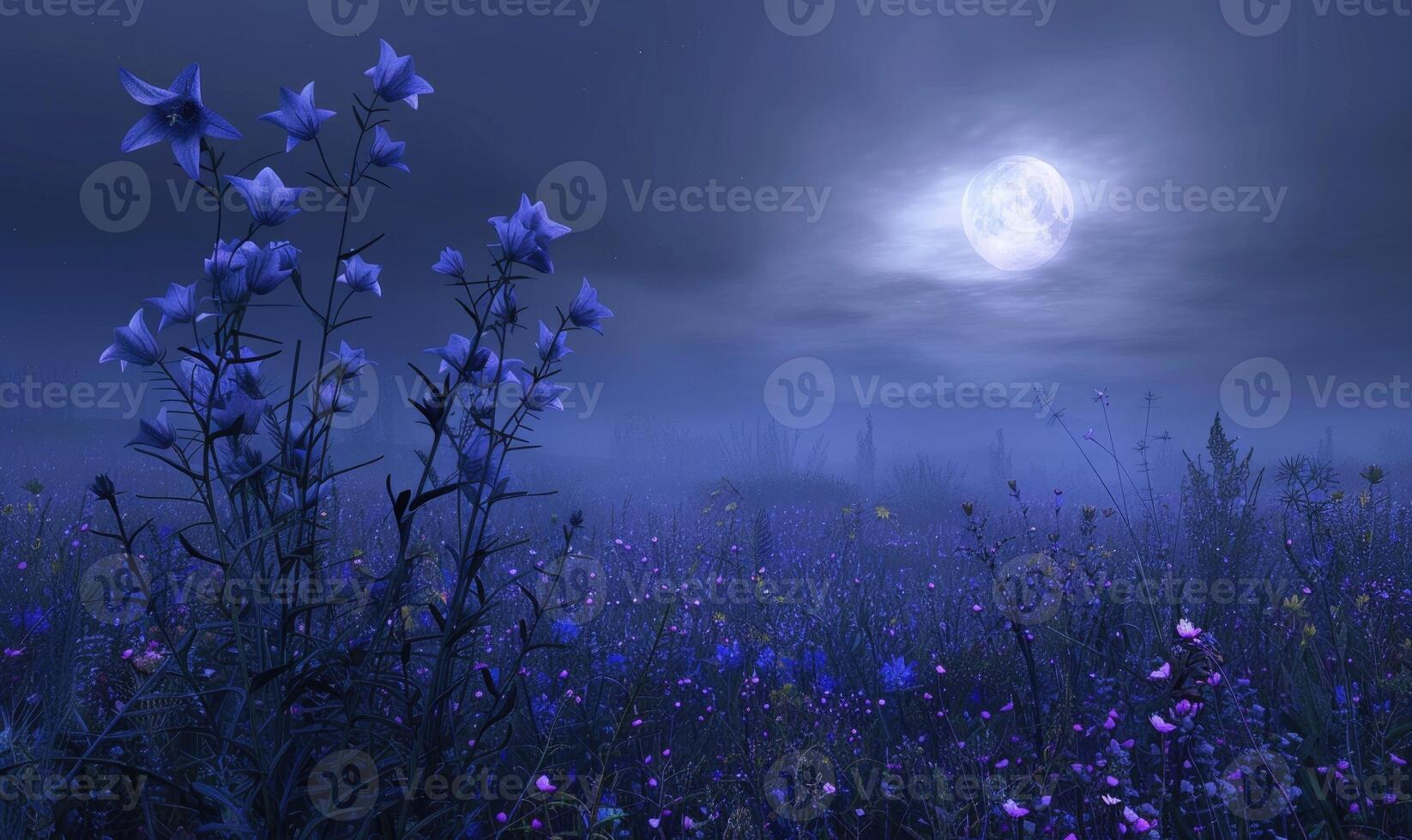 klokjesbloemen in een weide onder de maanlicht, detailopname visie foto