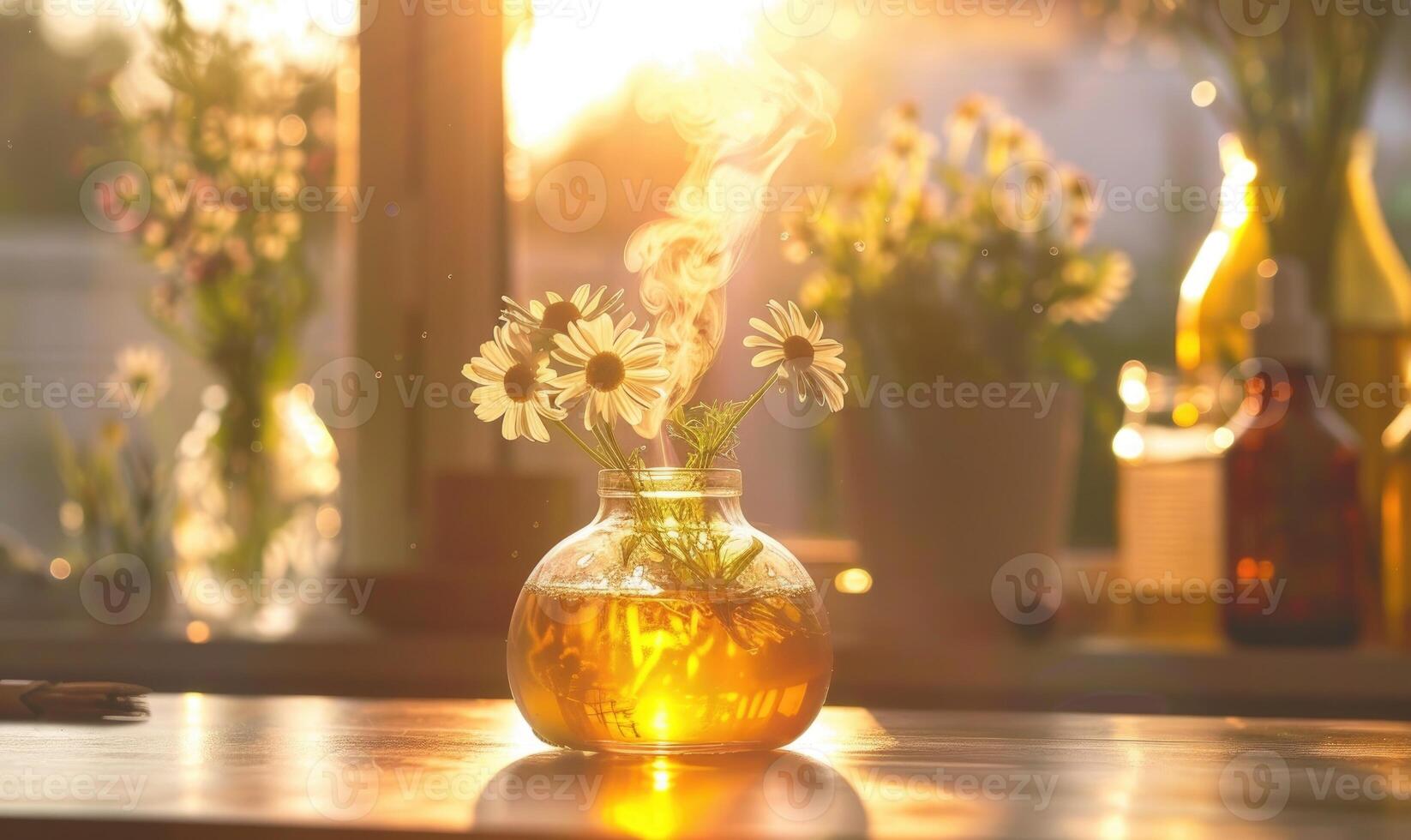 kamille essentieel olie verdeler in een knus kamer, aromatherapie foto