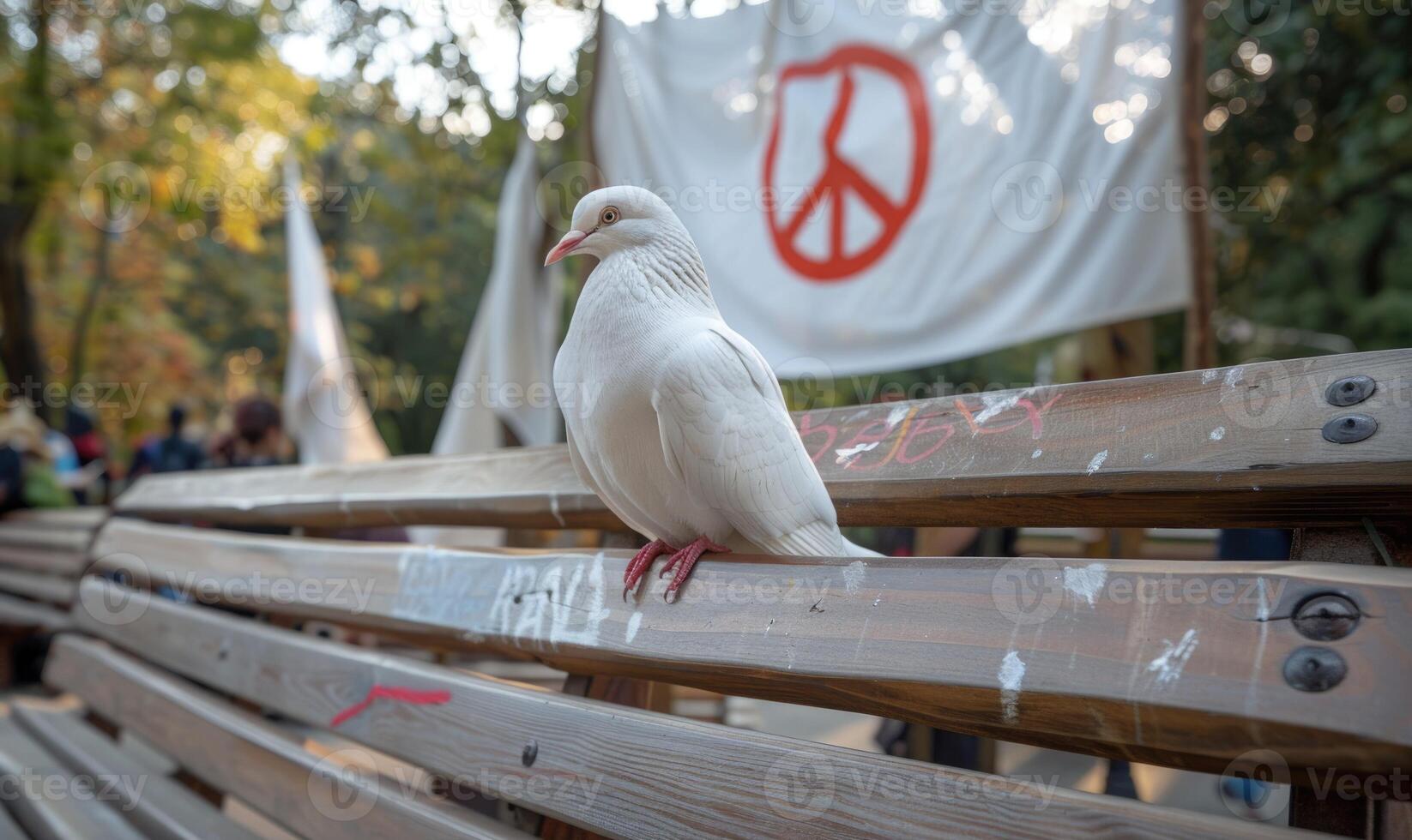 wit duif neergestreken Aan een houten bank met een vrede banier hangende in de achtergrond Bij een vredig protest rally foto