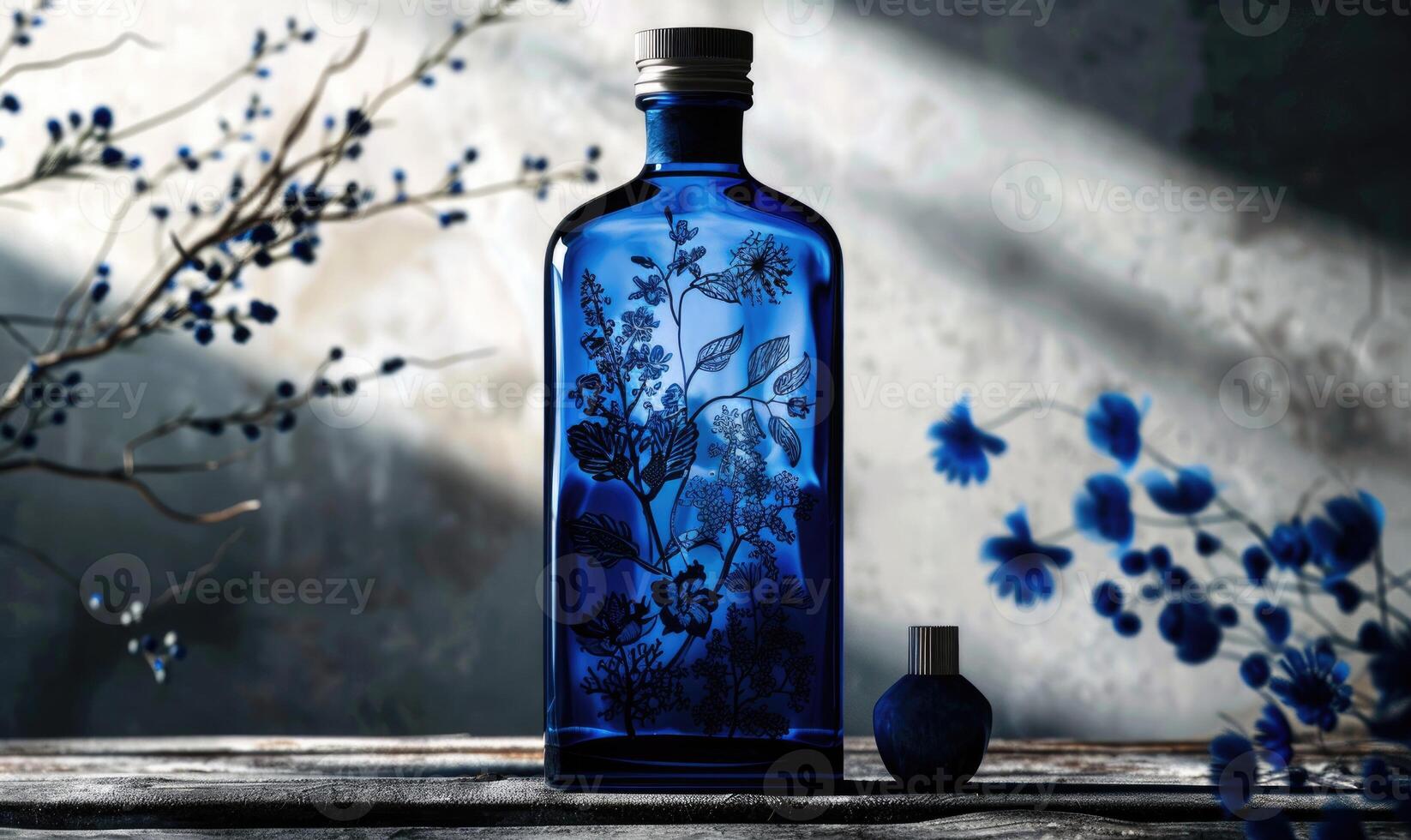 kobalt blauw glas fles met botanisch illustraties Aan achtergrond met getextureerde schaduw foto