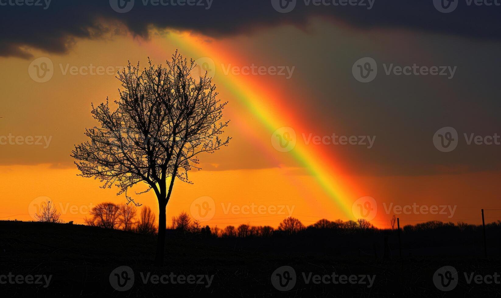 kleurrijk regenboog na voorjaar regenen, regenboog Aan donker bewolkt lucht foto