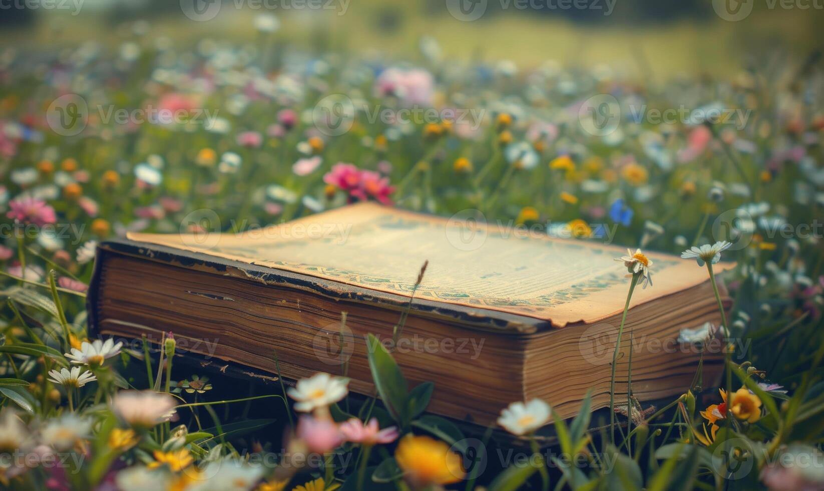 oud boek aan het liegen Aan een met gras begroeid heuveltje omringd door wilde bloemen foto