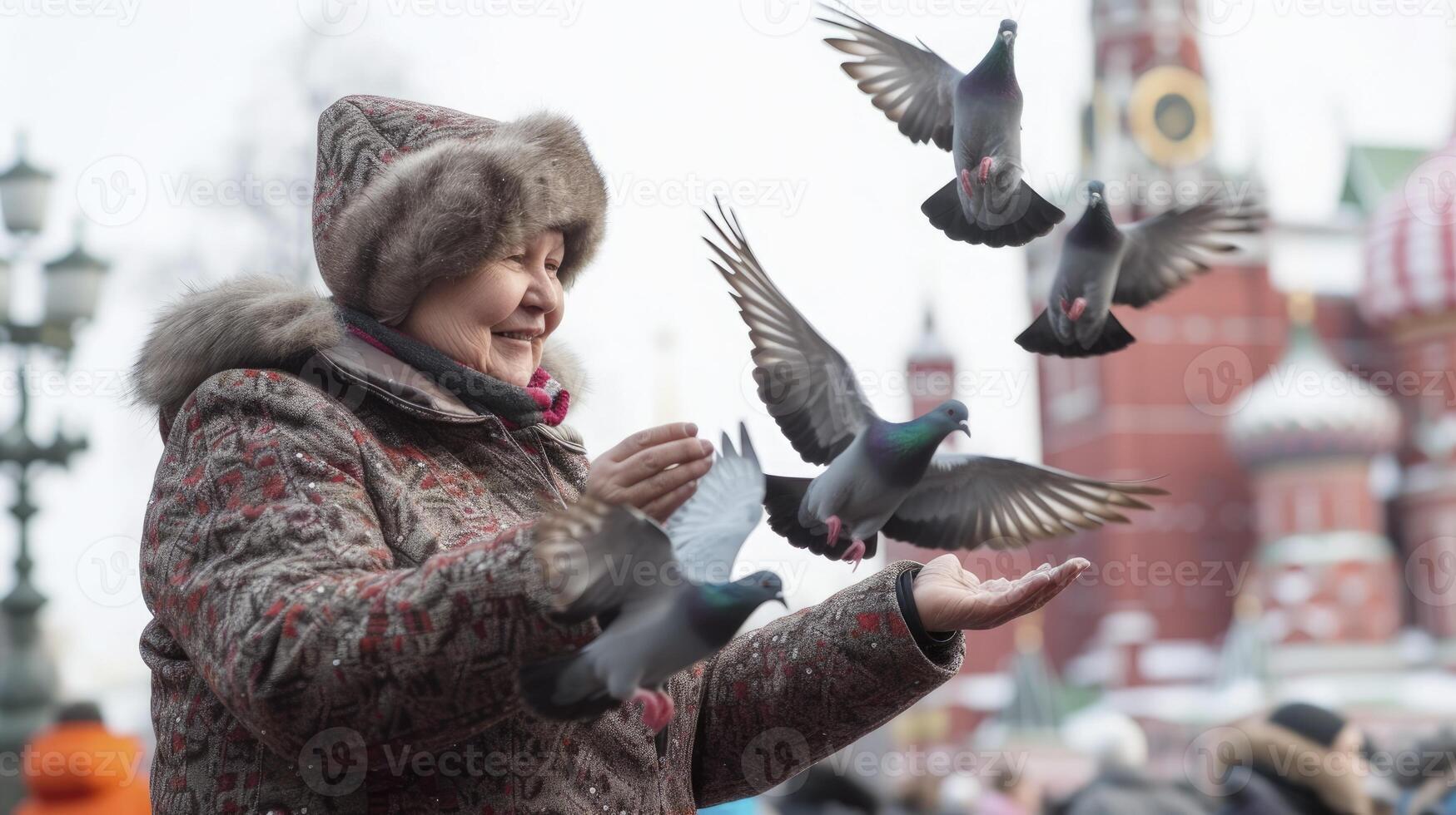 ai gegenereerd een Russisch vrouw in haar jaren 50, met een vacht hoed en een warm jas, is voeden duiven in rood vierkant, Moskou foto