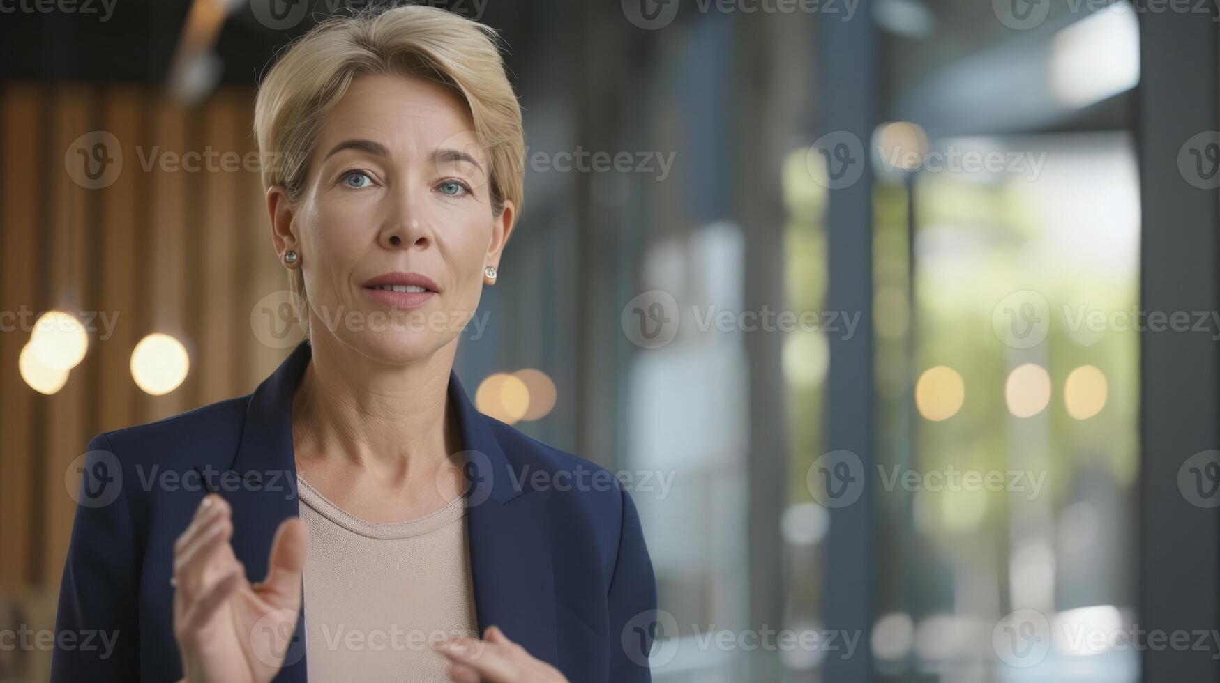 ai gegenereerd een middelbare leeftijd Kaukasisch vrouw met kort blond haar- en blauw ogen, vervelend een bedrijf pak, is geven een presentatie in een modern kantoor gebouw in nieuw york stad foto