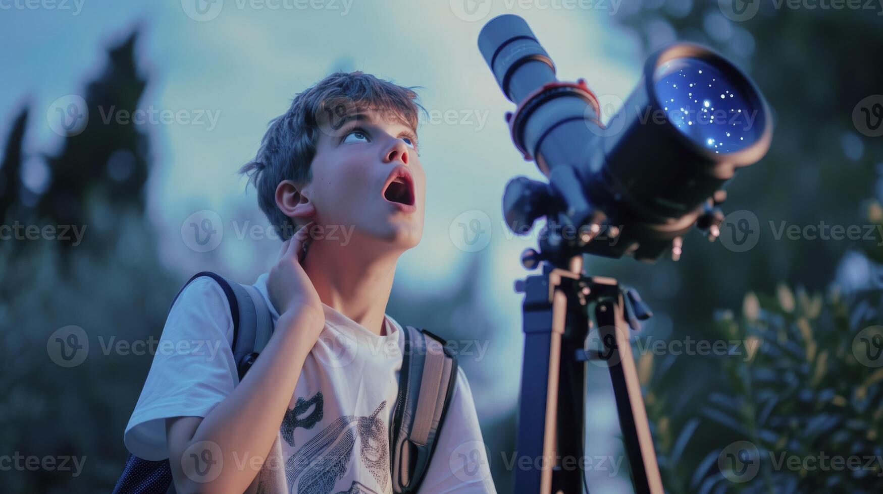 ai gegenereerd een tiener- jongen van Europa, met een verrast uitdrukking en een telescoop, is ontdekken een nieuw ster van zijn achtertuin in Athene, Griekenland foto