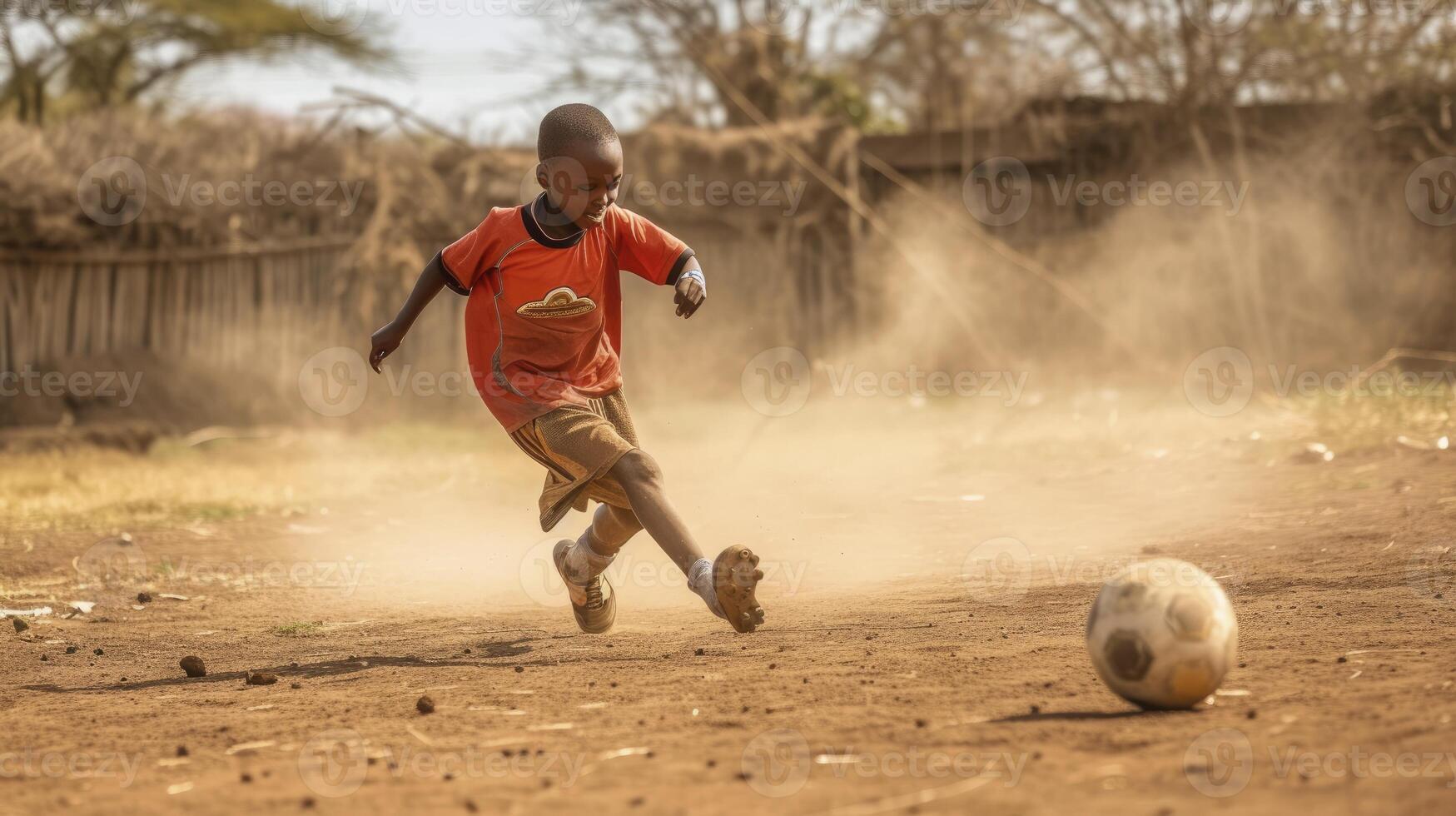 ai gegenereerd een jong Afrikaanse jongen is spelen Amerikaans voetbal Aan een stoffig veld- in een klein dorp in Kenia foto