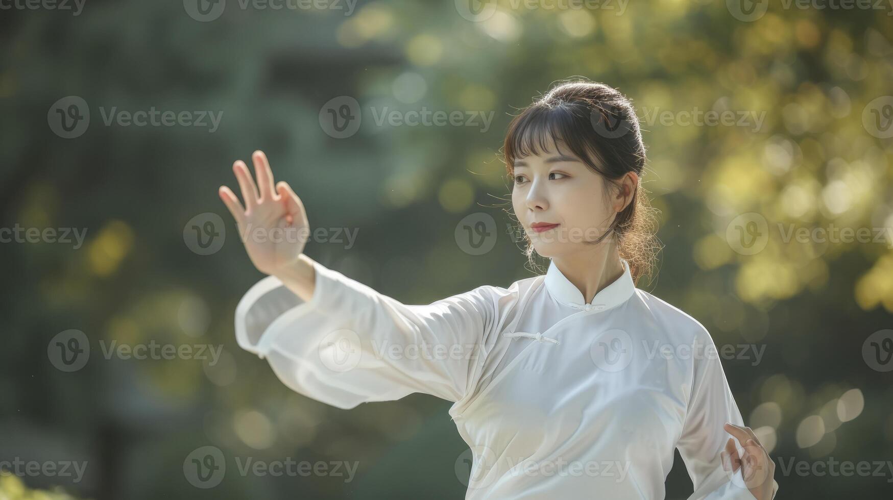 ai gegenereerd een jong oosten- Aziatisch vrouw is beoefenen tai chi in een vredig park in Beijing foto