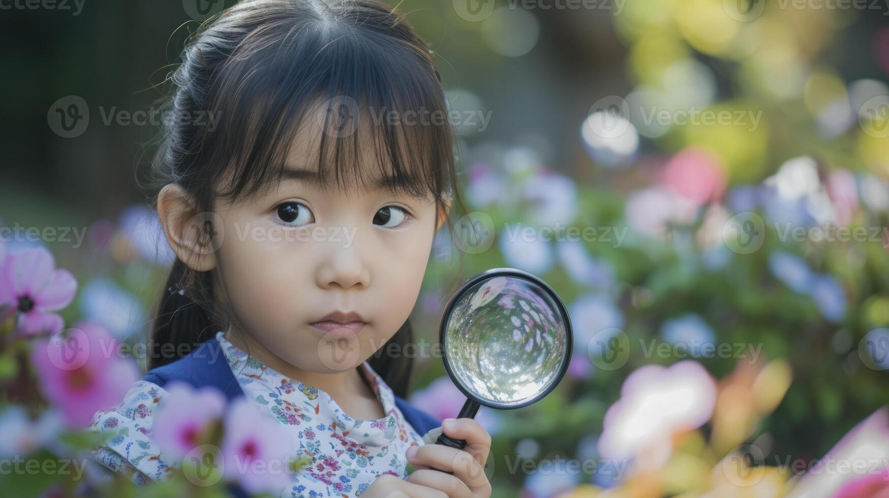 ai gegenereerd een jong meisje van oosten- Azië, met een nieuwsgierig uitdrukking en een vergroten glas, is verkennen een tuin in kyoto, Japan foto