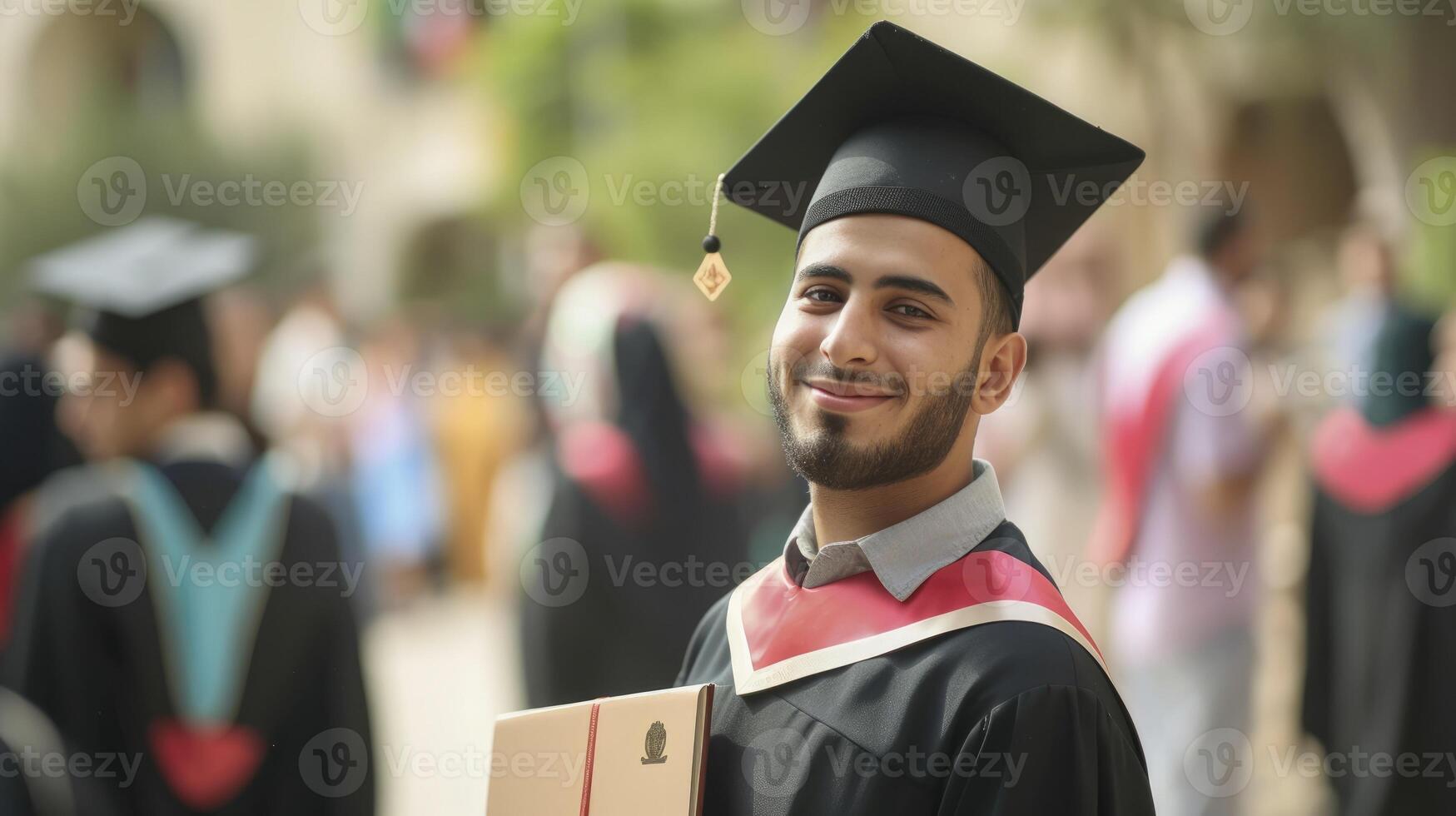 ai gegenereerd een jong Mens van de midden- oosten, met een trots uitdrukking en een diploma, is afstuderen van Universiteit in Amman, Jordanië foto