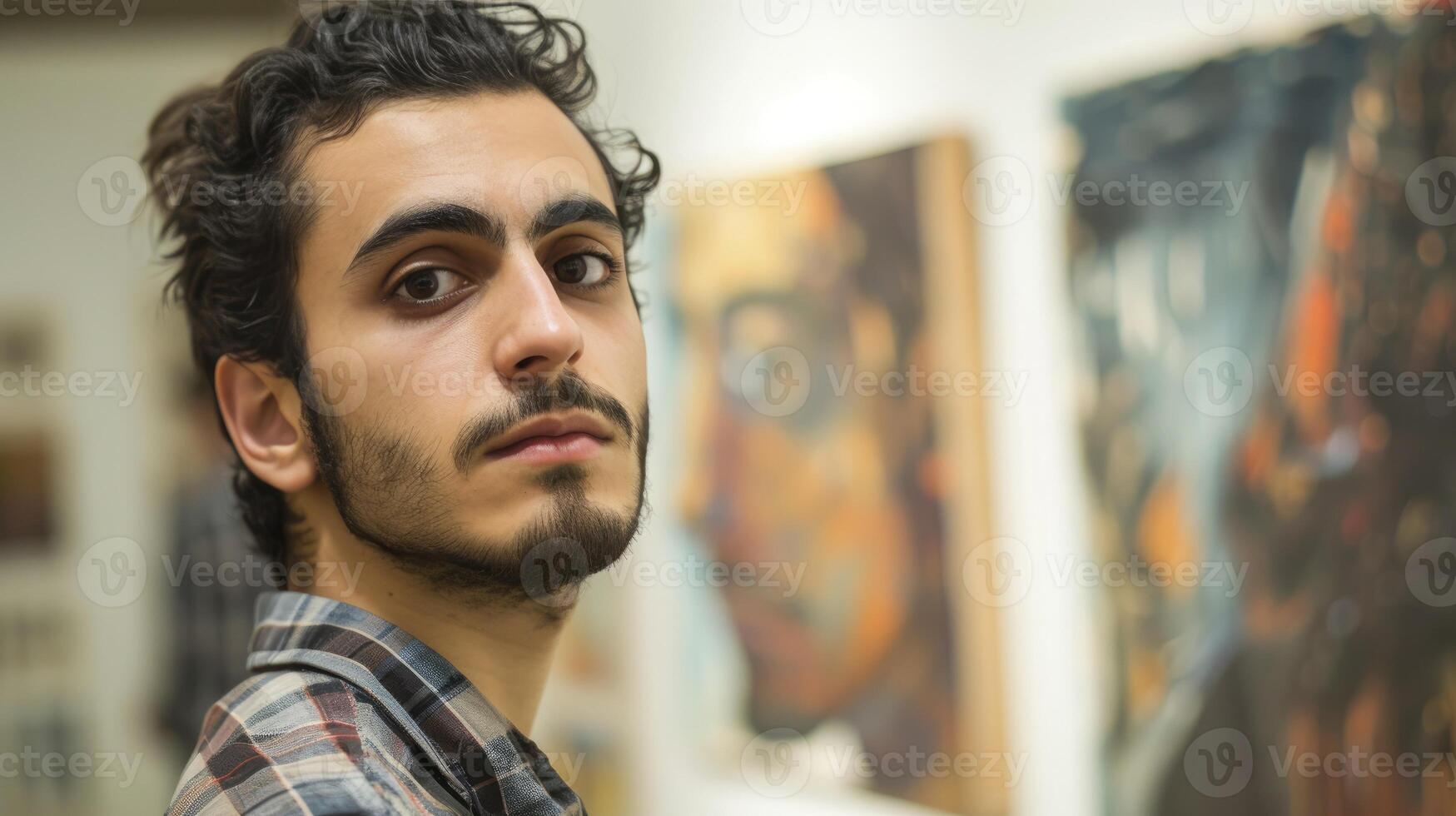 ai gegenereerd een jong Mens van de midden- oosten, met een trots uitdrukking en een stuk van kunst, is presentatie van zijn werk in een galerij in teheran, ik rende foto