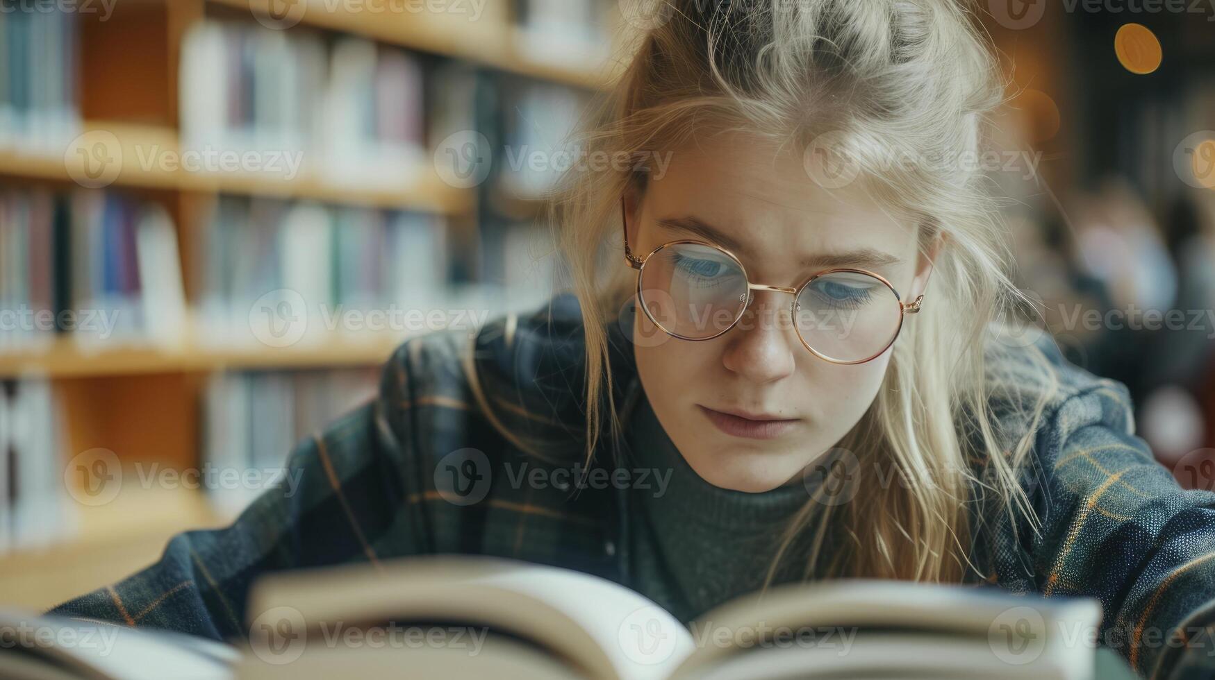 ai gegenereerd een jong Scandinavisch vrouw, met een kijken van concentratie en een stapel van boeken, is aan het studeren voor haar examens in een bibliotheek in Stockholm, Zweden foto