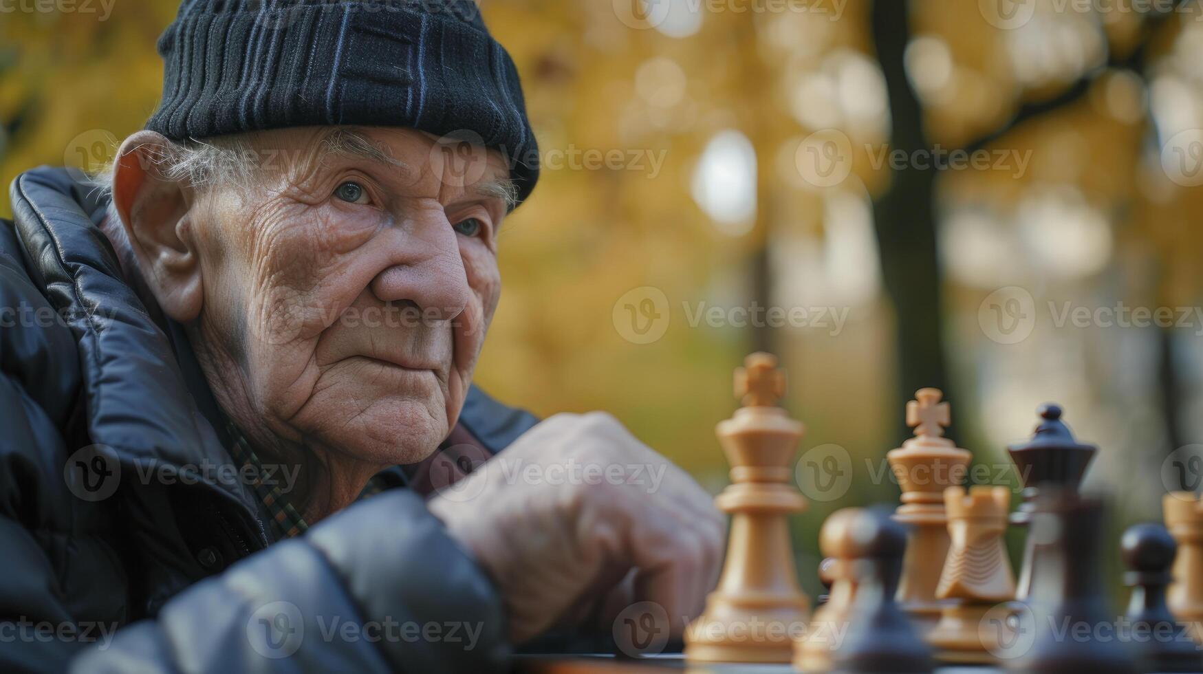 ai gegenereerd een ouderen Mens van oostelijk Europa, met een attent uitdrukking en een schaakbord, is diep verdiept in een spel van schaak in een park in Praag, Tsjechisch republiek foto