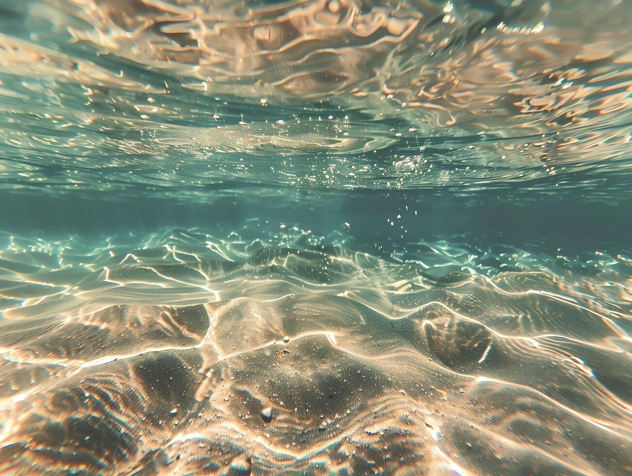 ai gegenereerd een mooi onderwater- visie van de Doorzichtig, turkoois oceaan met een zanderig bodem en stralen van zonlicht filteren door de water. de licht weerspiegelt uit de kalmte wateren foto