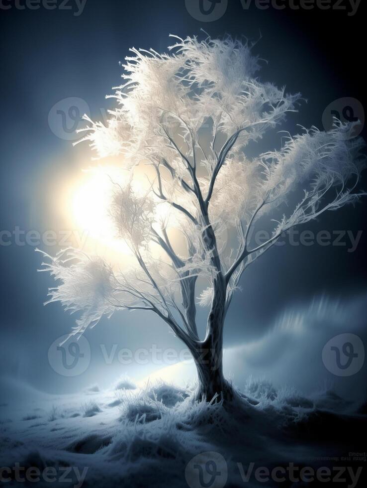 mooi winter boom gedekt in sneeuw, zon Aan de achtergrond. winter landschap foto