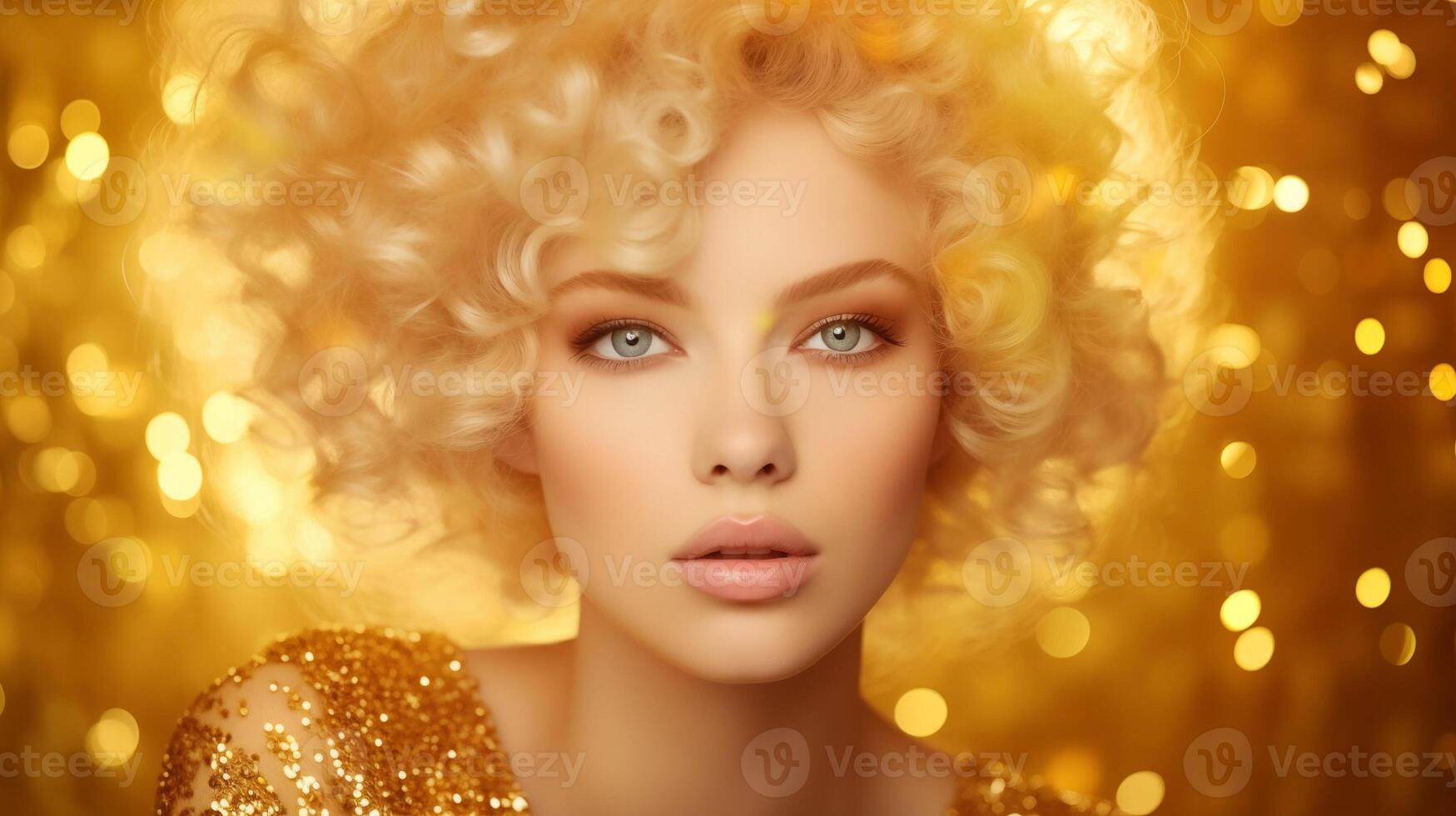 portret van prachtig blond vrouw in gouden jurk Aan schitteren achtergrond foto