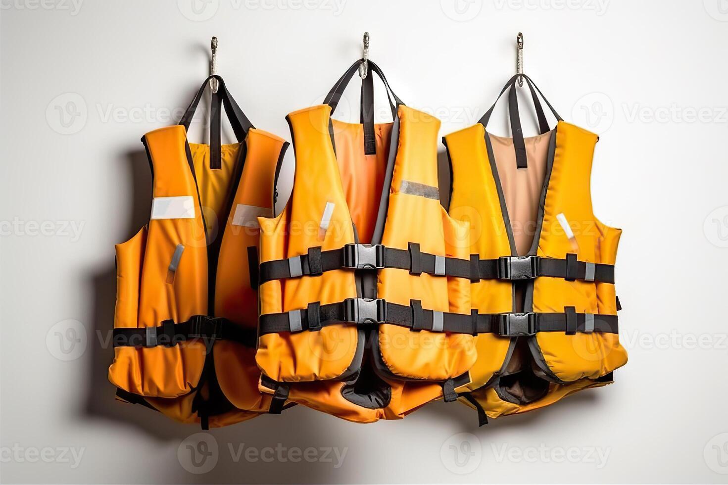 ai gegenereerd veiligheid eerste kleurrijk leven jassen klaar voor water avonturen Aan wit achtergrond. gemaakt met generatief ai foto