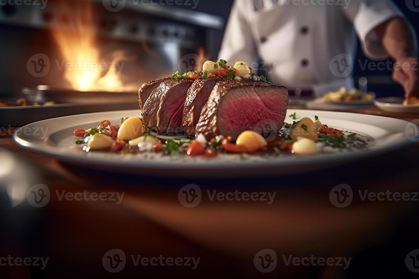 ai gegenereerd een geschoold chef voorbereidingen treffen sappig rundvlees steak met expertise. gemaakt met generatief ai foto