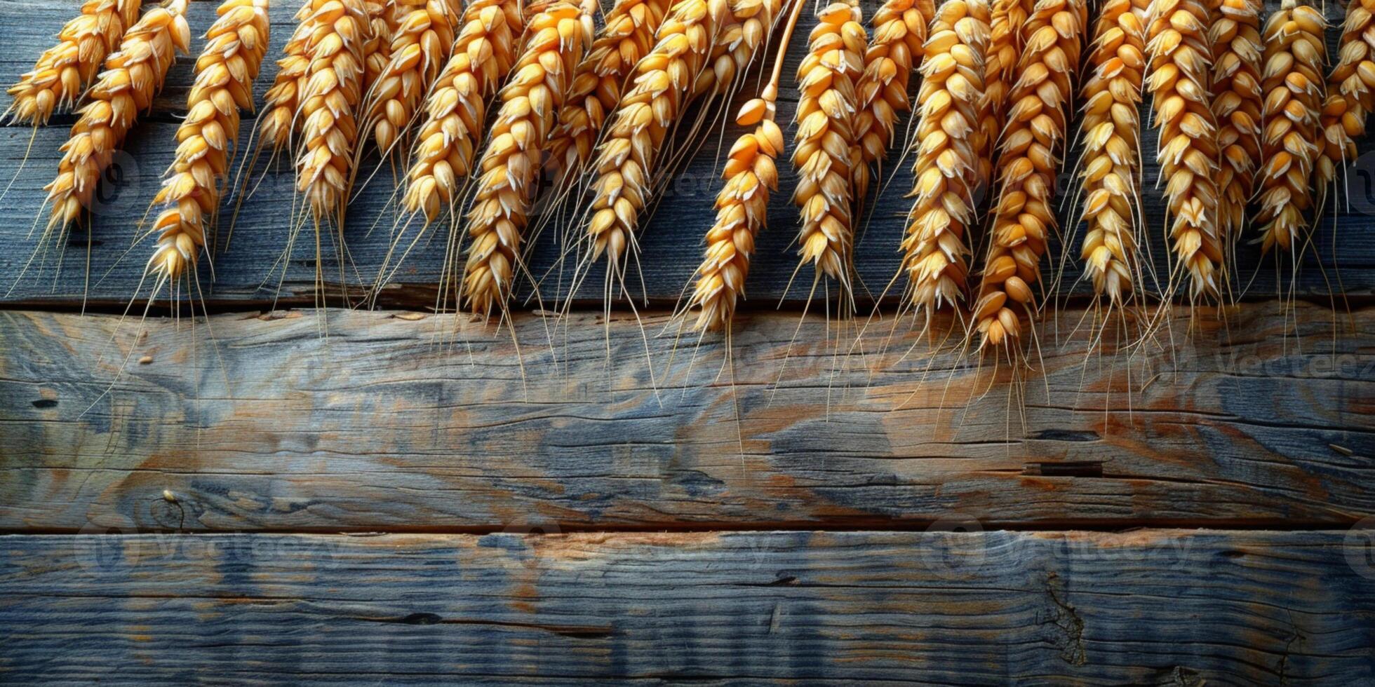 ai gegenereerd houten achtergrond met oren van korrel, eco achtergrond foto