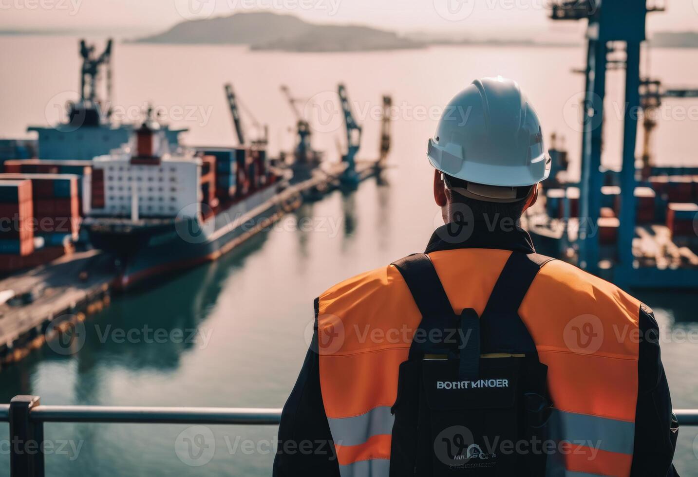 ai gegenereerd een ingenieur van achter op zoek naar beneden Bij een haven foto