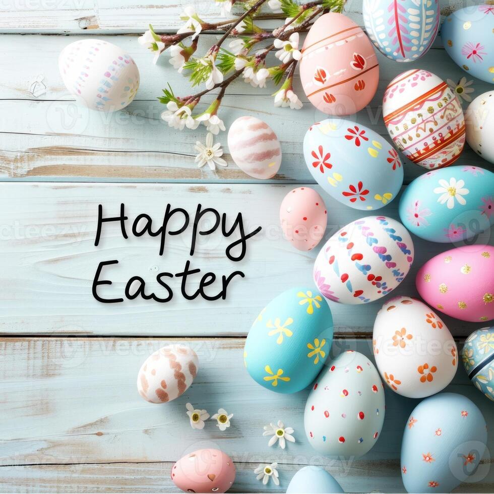 ai gegenereerd gelukkig Pasen kleurrijk eieren met tekst foto