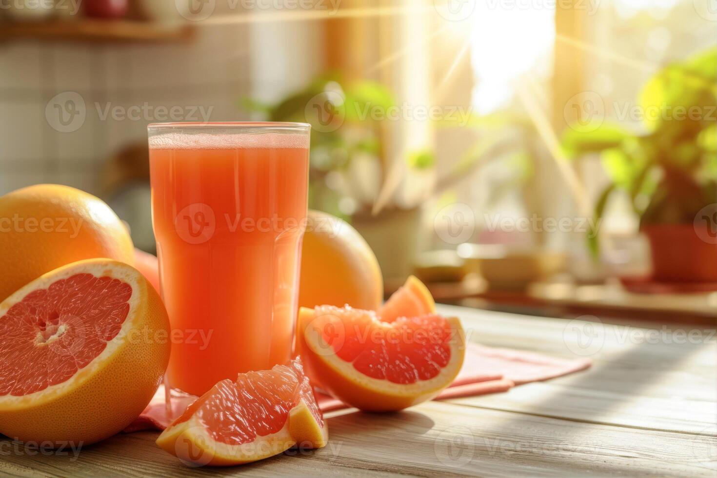 ai gegenereerd vers grapefruit sap en fruit Aan houten tafel in keuken, detailopname foto