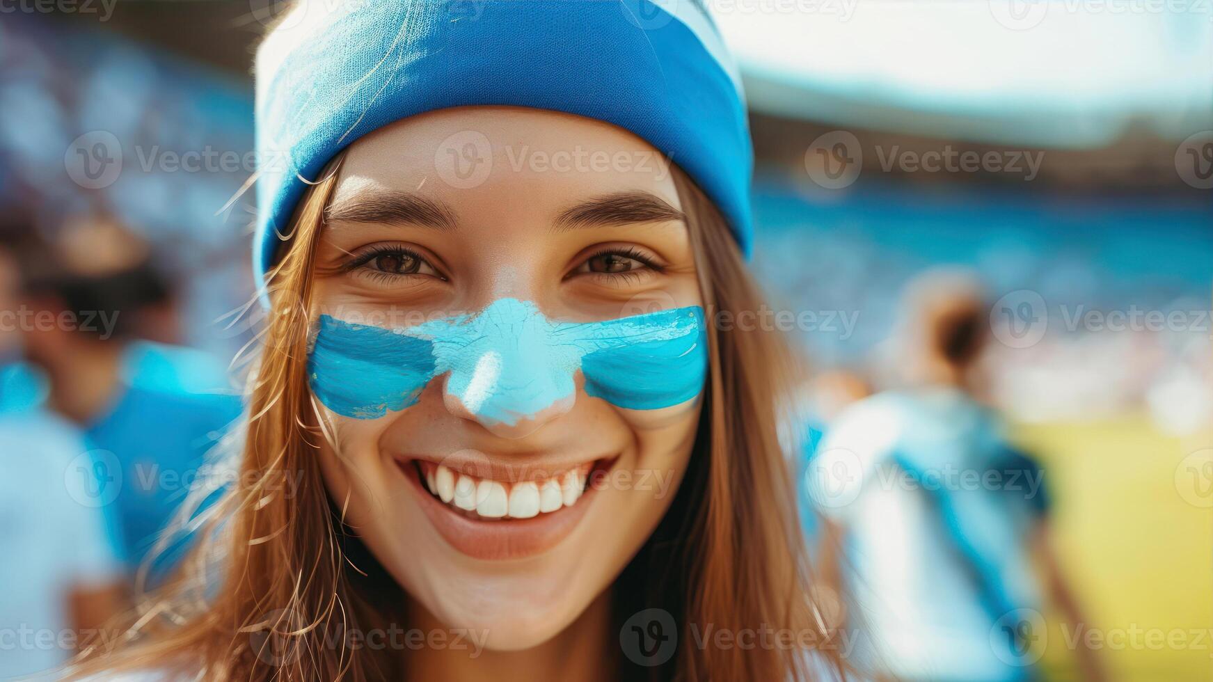 ai gegenereerd portret van een mooi jong meisje cheerleader ventilator met een blauw masker Aan haar gezicht Bij de stadion. foto