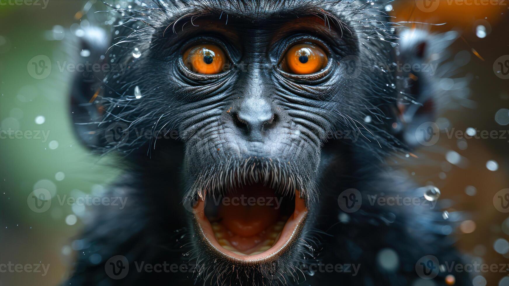 ai gegenereerd portret van een zwart chimpansee met groot oranje ogen in de regen foto
