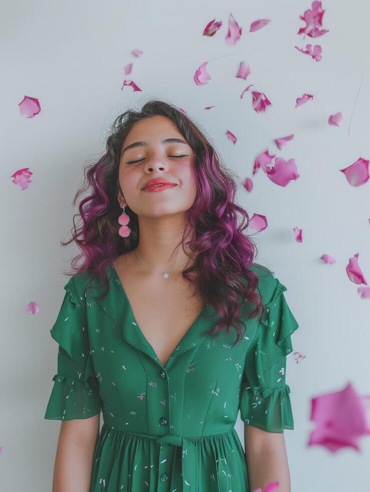 vrouw met Purper haar- staand in voorkant van wit muur foto