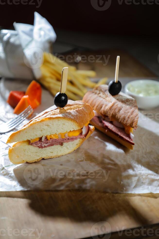 robuust gebraden rundvlees Cheddar belegd broodje met mayonaise dip met Patat geserveerd in houten bord geïsoleerd Aan servet kant visie van ontbijt voedsel foto