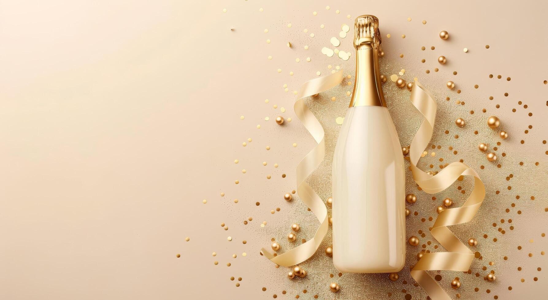Champagne fles omringd door confetti en slingers foto
