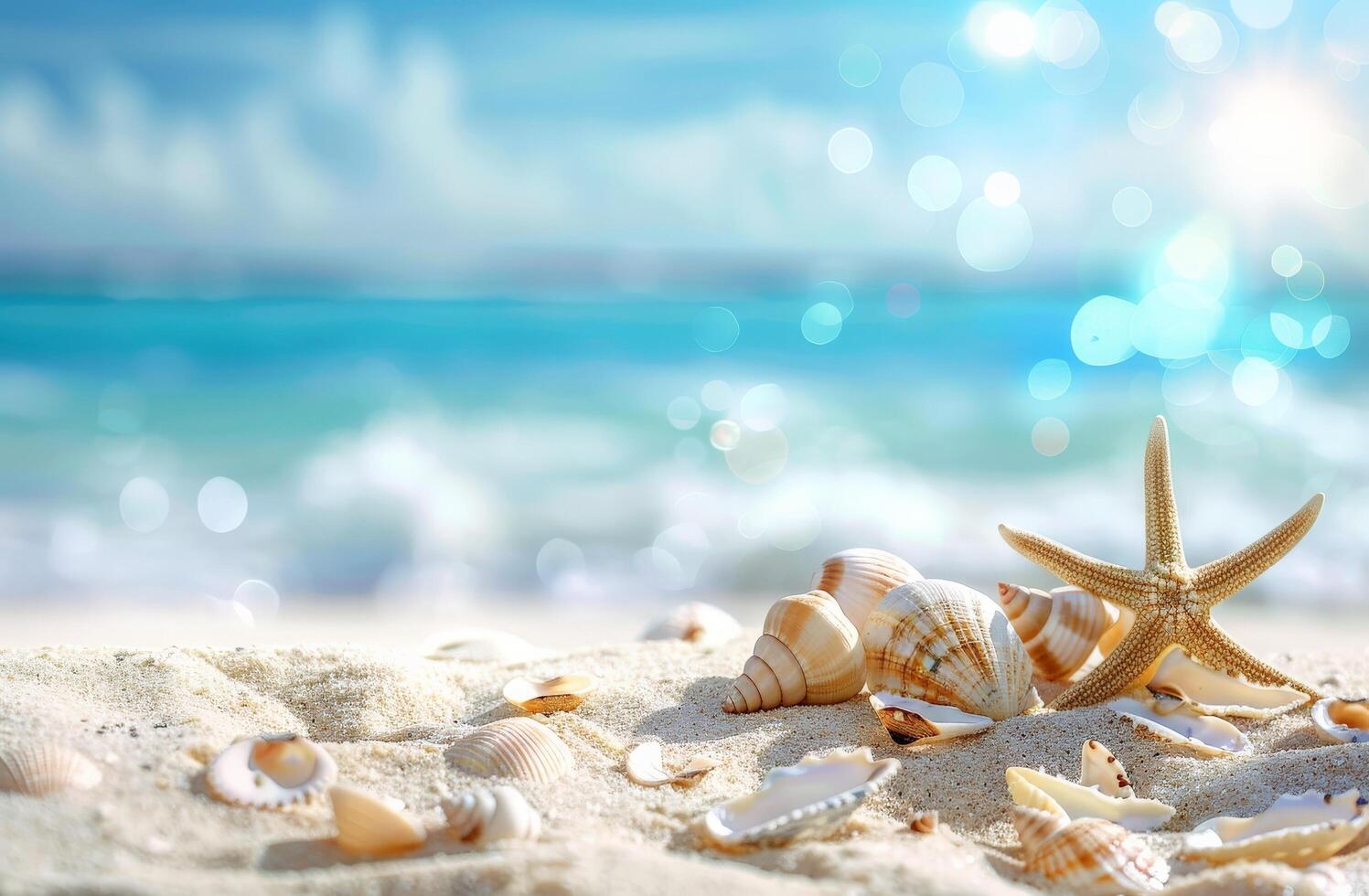 twee schelpen en een zeester Aan een zanderig strand foto