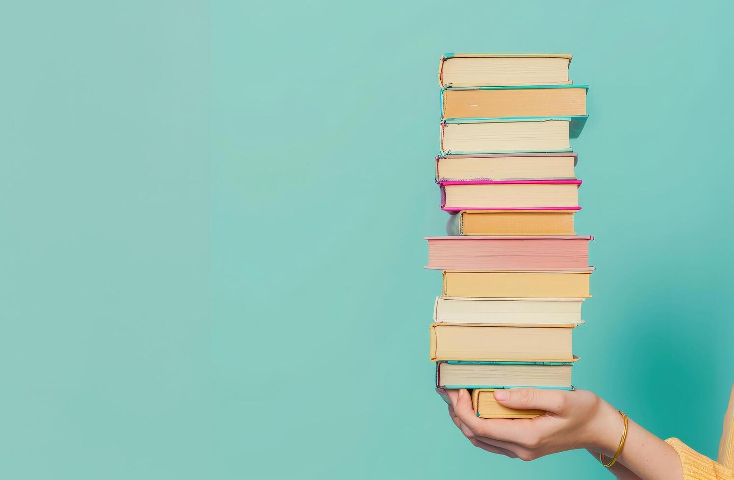 vrouw Holding stack van boeken foto