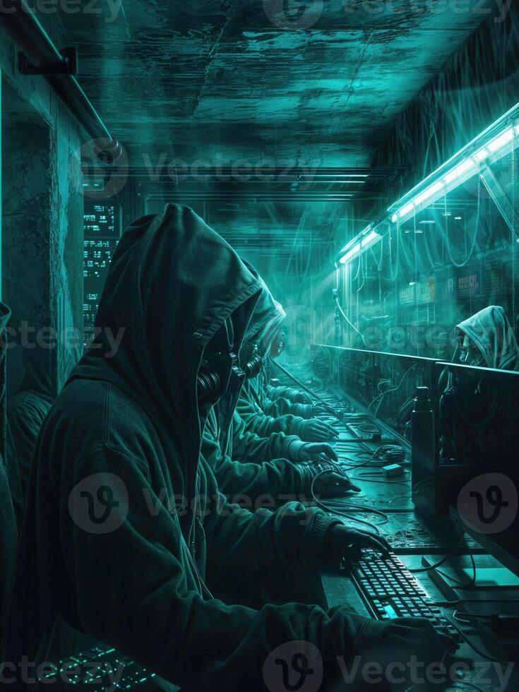 ai gegenereerd hackers slijtage maskers en met een kap jassen, aan het bedekken hun gezichten. ze zijn werken Aan computers in een donker kamer. foto