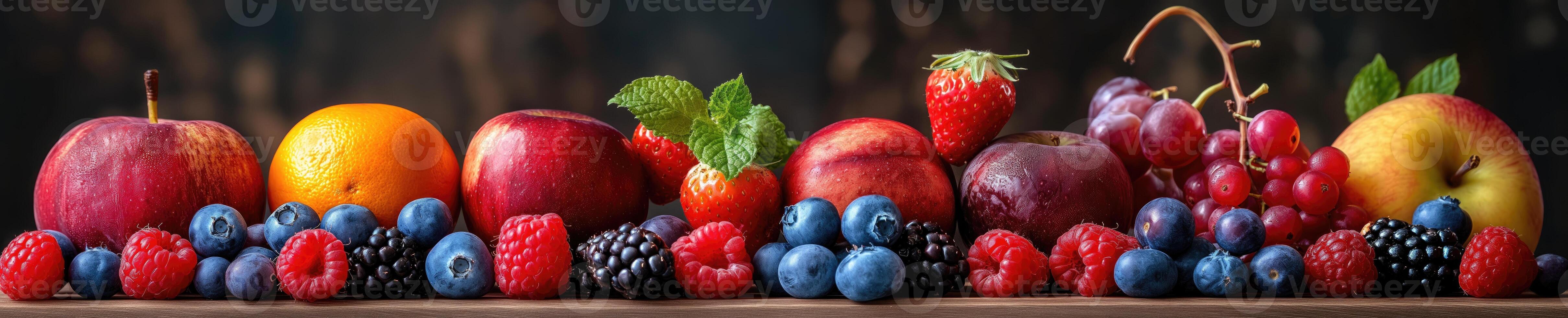 ai gegenereerd de banier beeld Kenmerken een houten tafel bekroond met divers kommen en vazen gevulde met verschillend fruit en bessen. foto