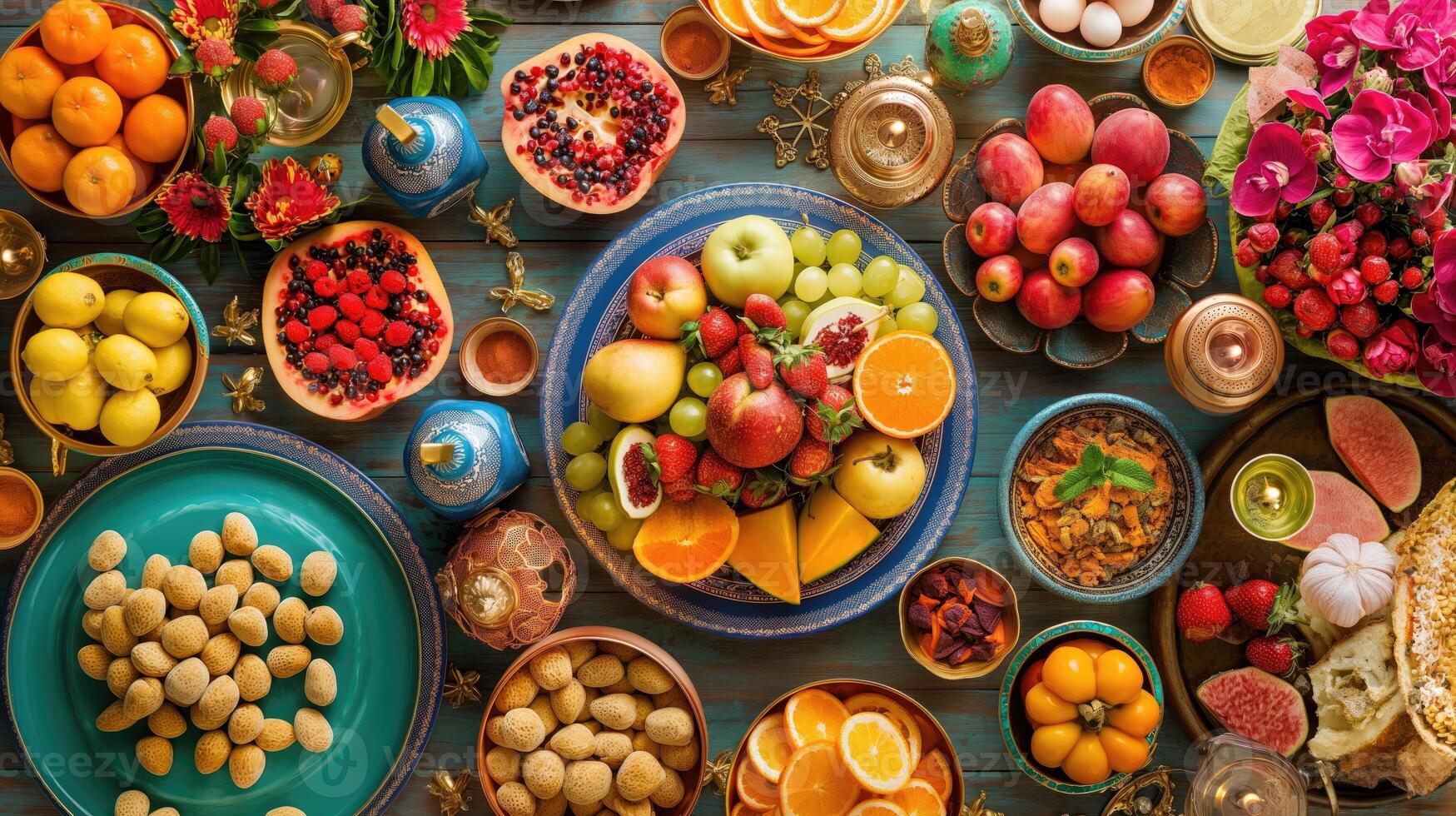 ai gegenereerd een overvloedig Scherm van fruit, snoepgoed, en lekkernijen gelegd uit Aan een tafel in voorbereiding voor de eid al-adha foto