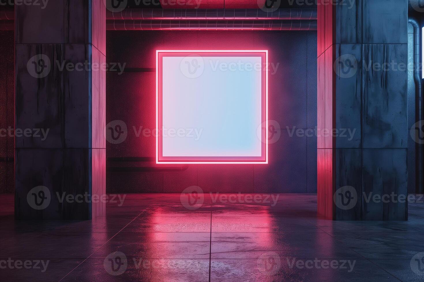 een mockup van een blanco plein foto kader hangende in de midden- van muur met futuristisch, cyberpunk decoratie