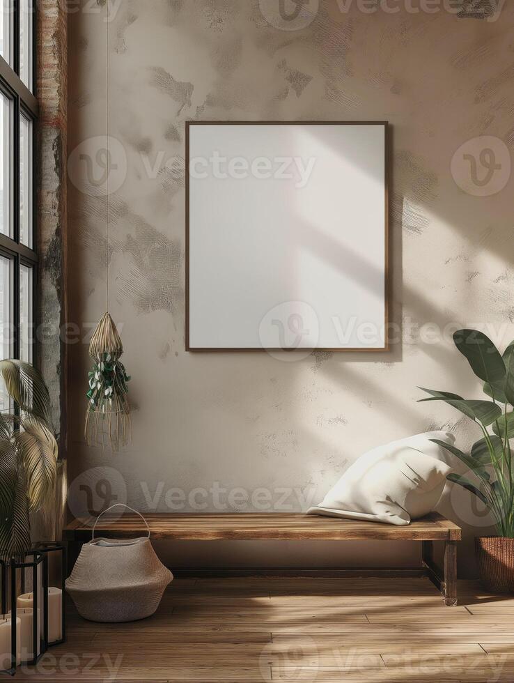 een mockup van een blanco plein foto kader hangende in de midden- van muur met zuidwestelijk, woestijn, aards decoratie.