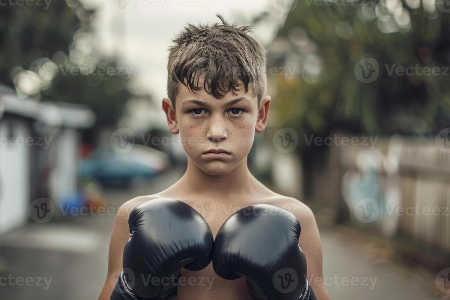 ai gegenereerd mager jongen in boksen handschoenen looks Bij de camera foto