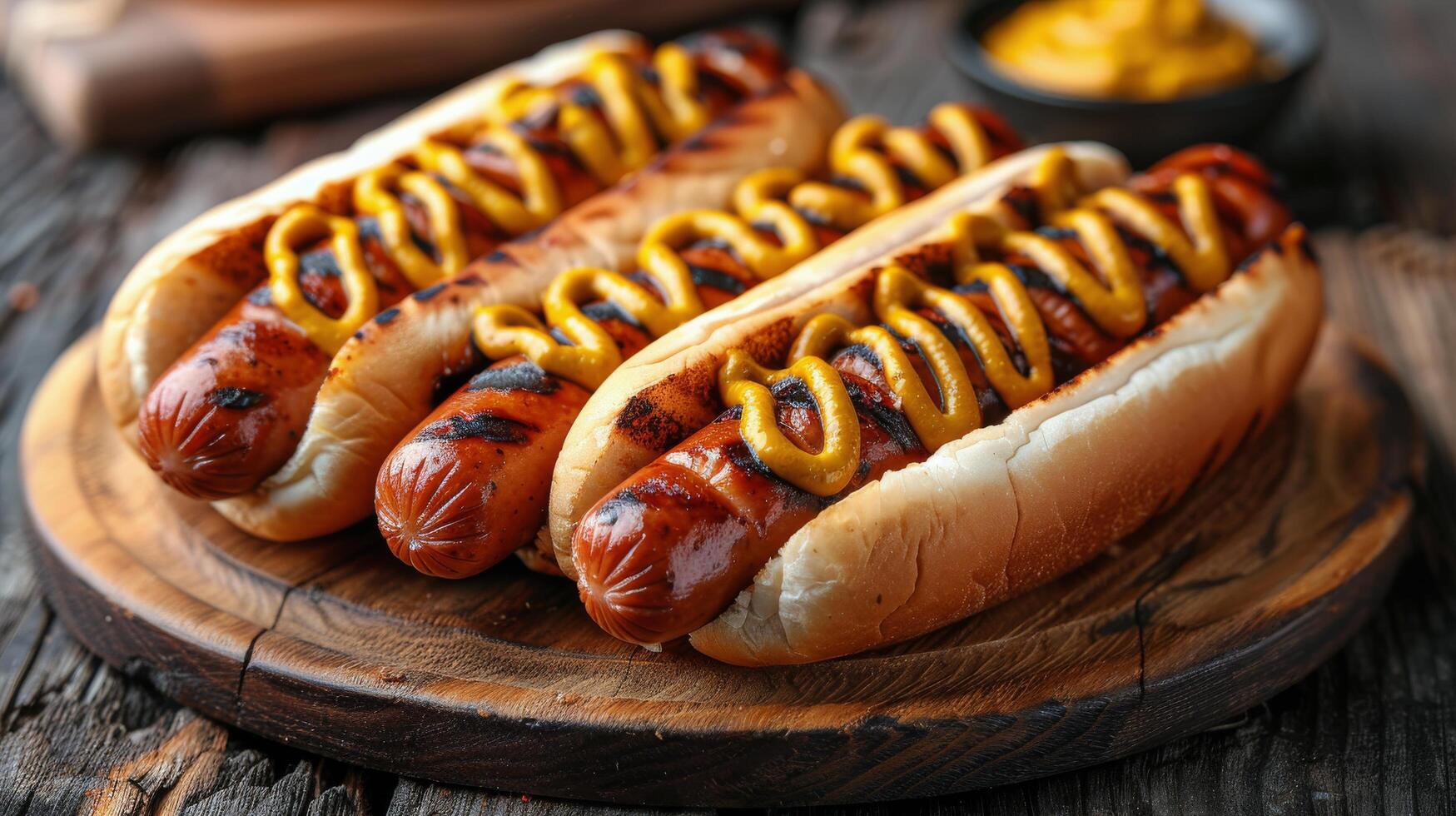 ai gegenereerd heet hond met mosterd en ketchup Aan houten bord foto