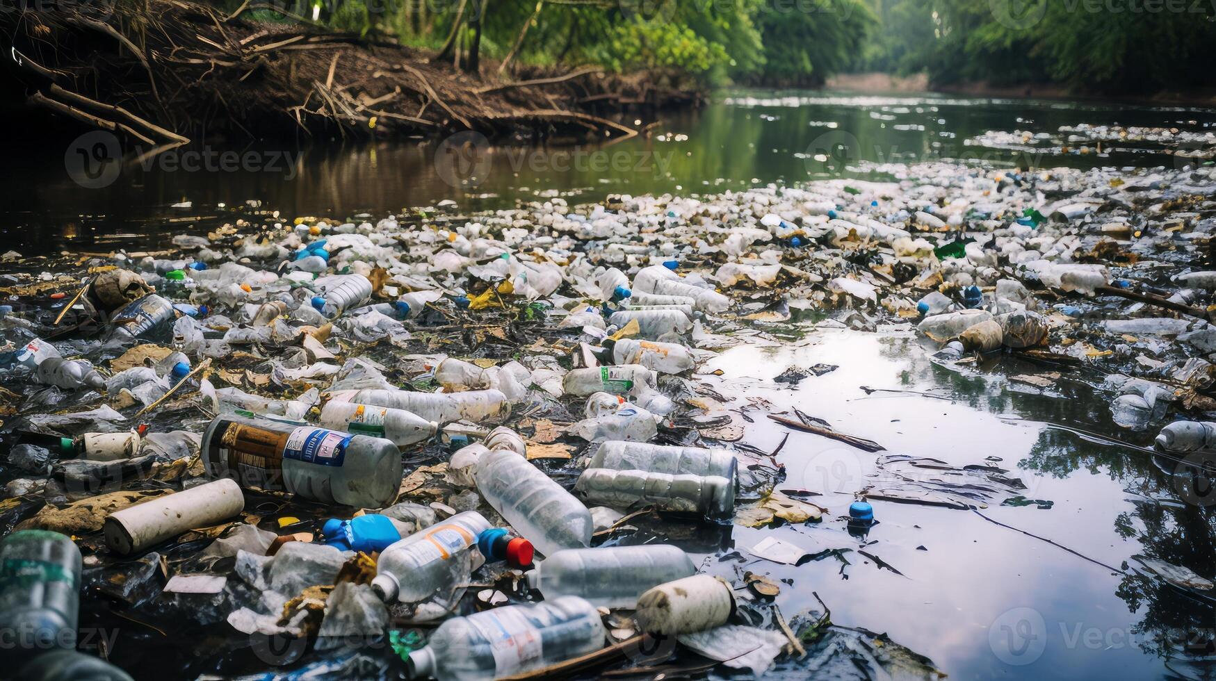 ai gegenereerd plastic verontreiniging in rivier- schade toebrengen aquatisch leven. generatief ai foto