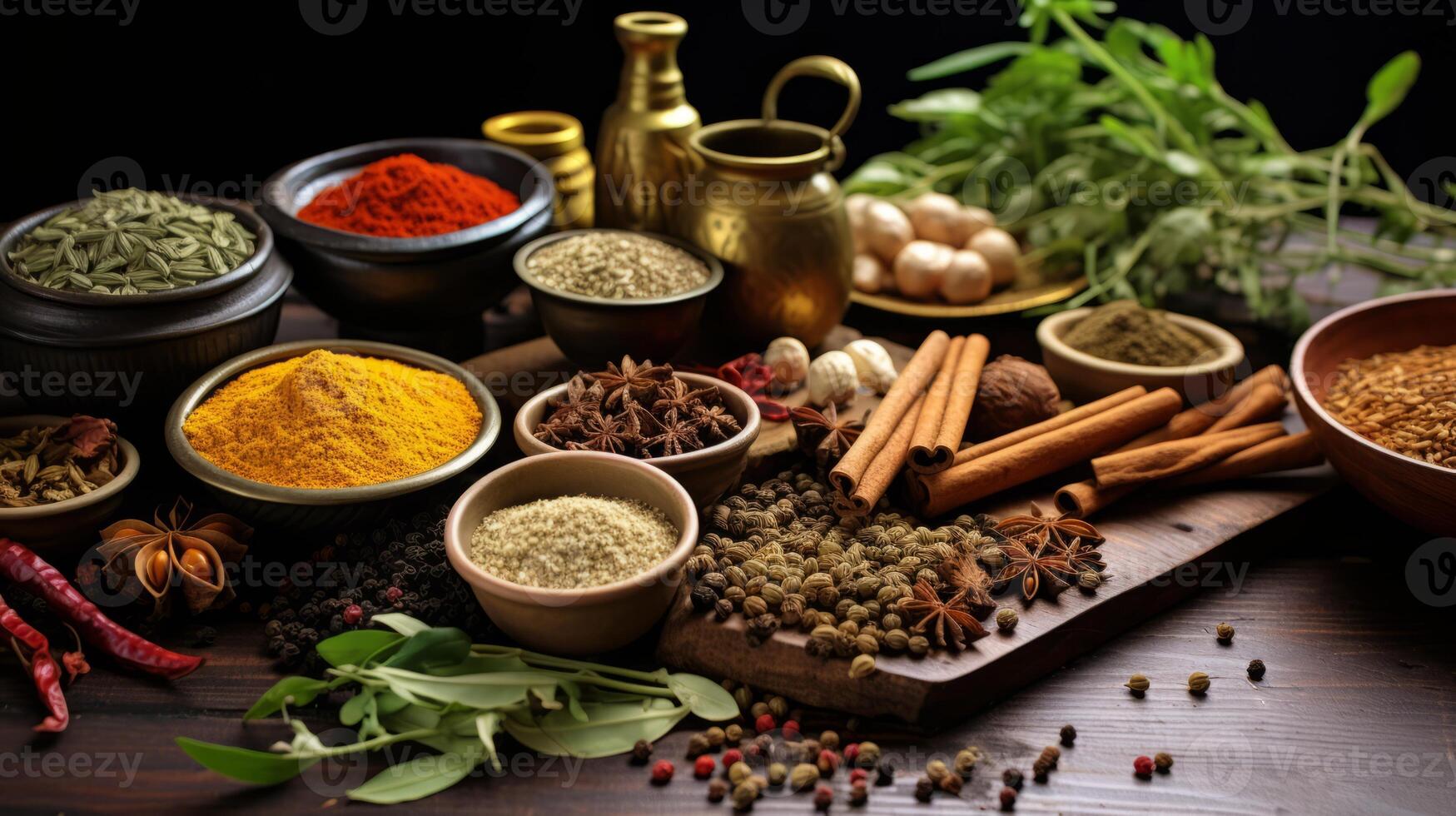 ai gegenereerd ayurvedisch Koken met ayurvedisch kruiden en specerijen. generatief ai foto