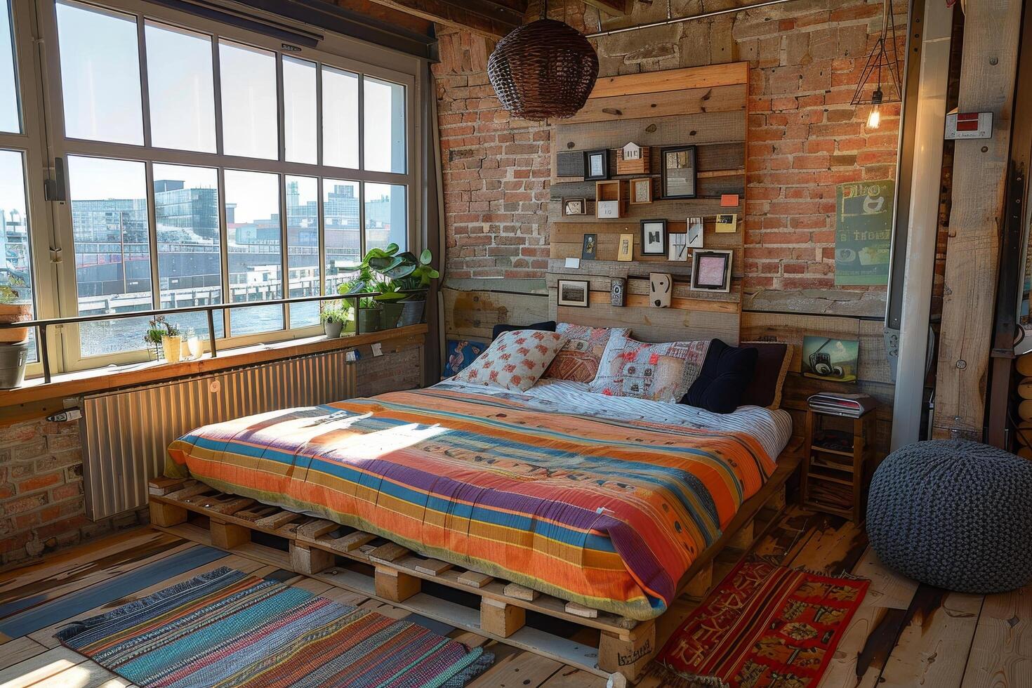 ai gegenereerd houten pallet bed in slaapkamer foto