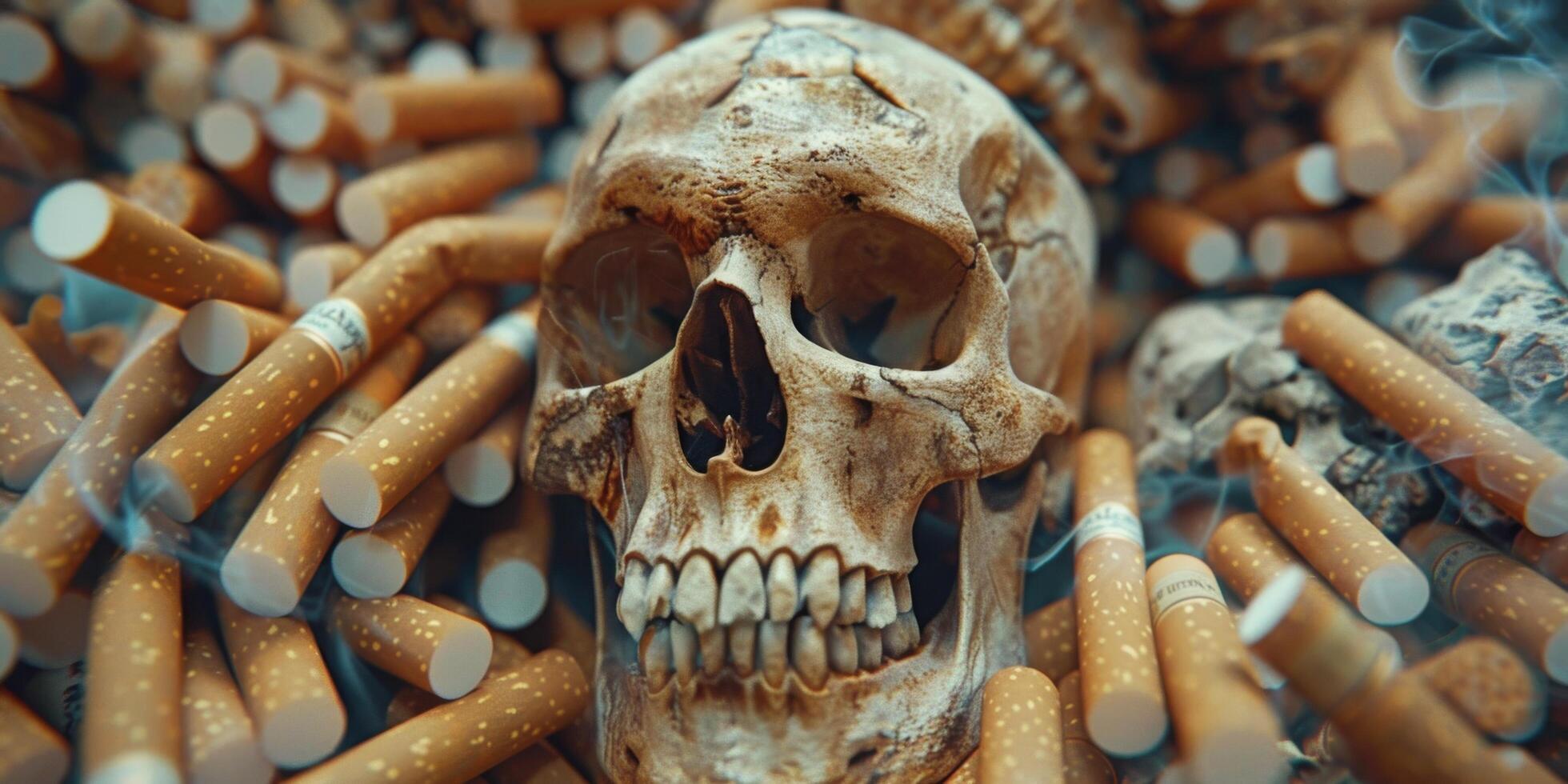 ai gegenereerd menselijk schedel omringd door sigaretten foto