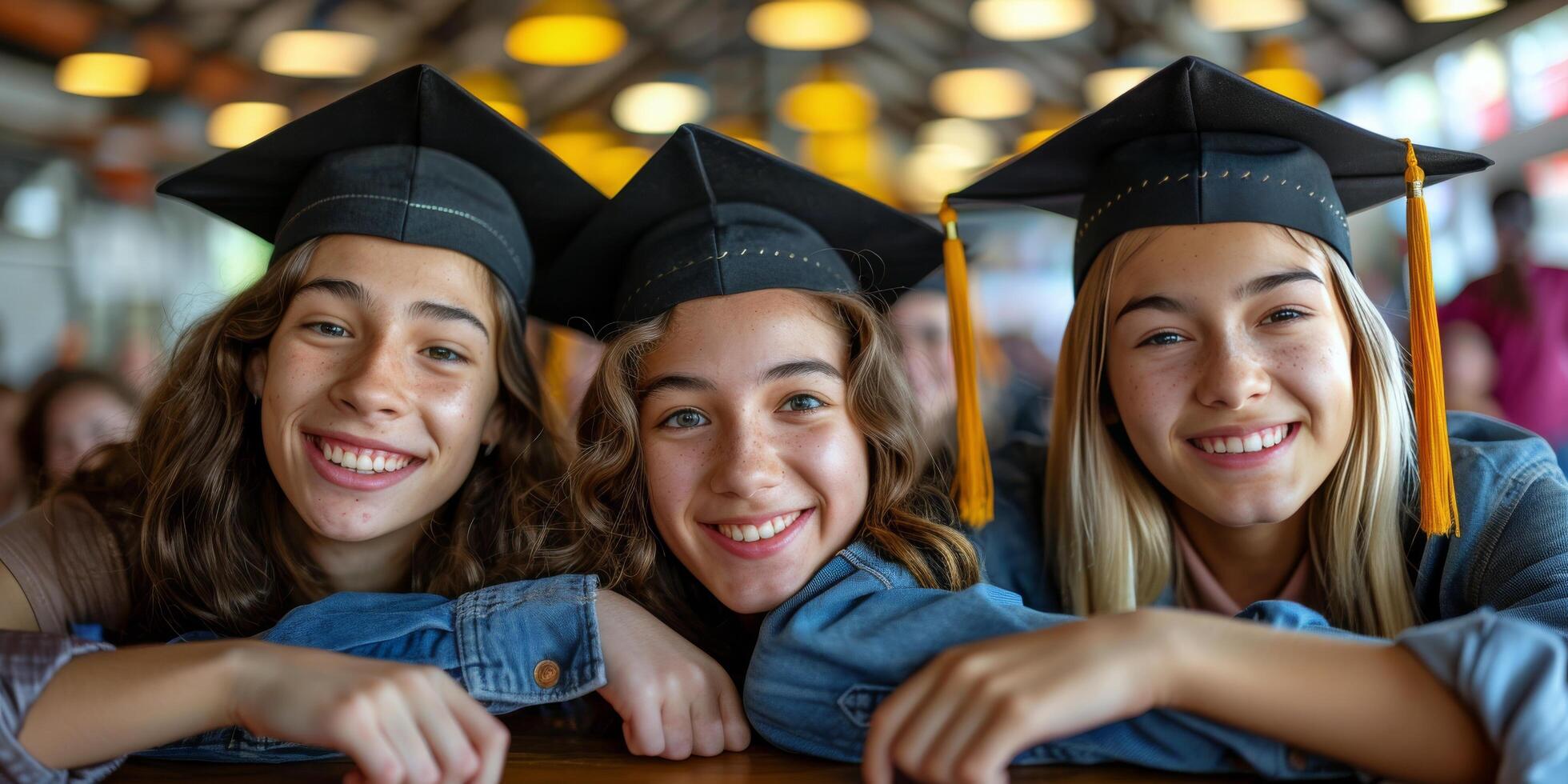 ai gegenereerd groep van mensen in diploma uitreiking petten en jurken foto