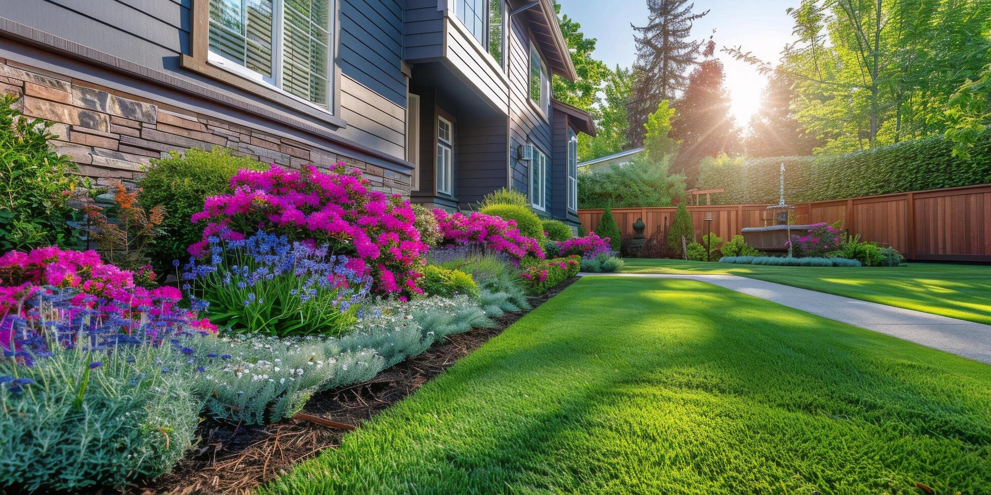 ai gegenereerd bloem tuin in voorkant van huis foto